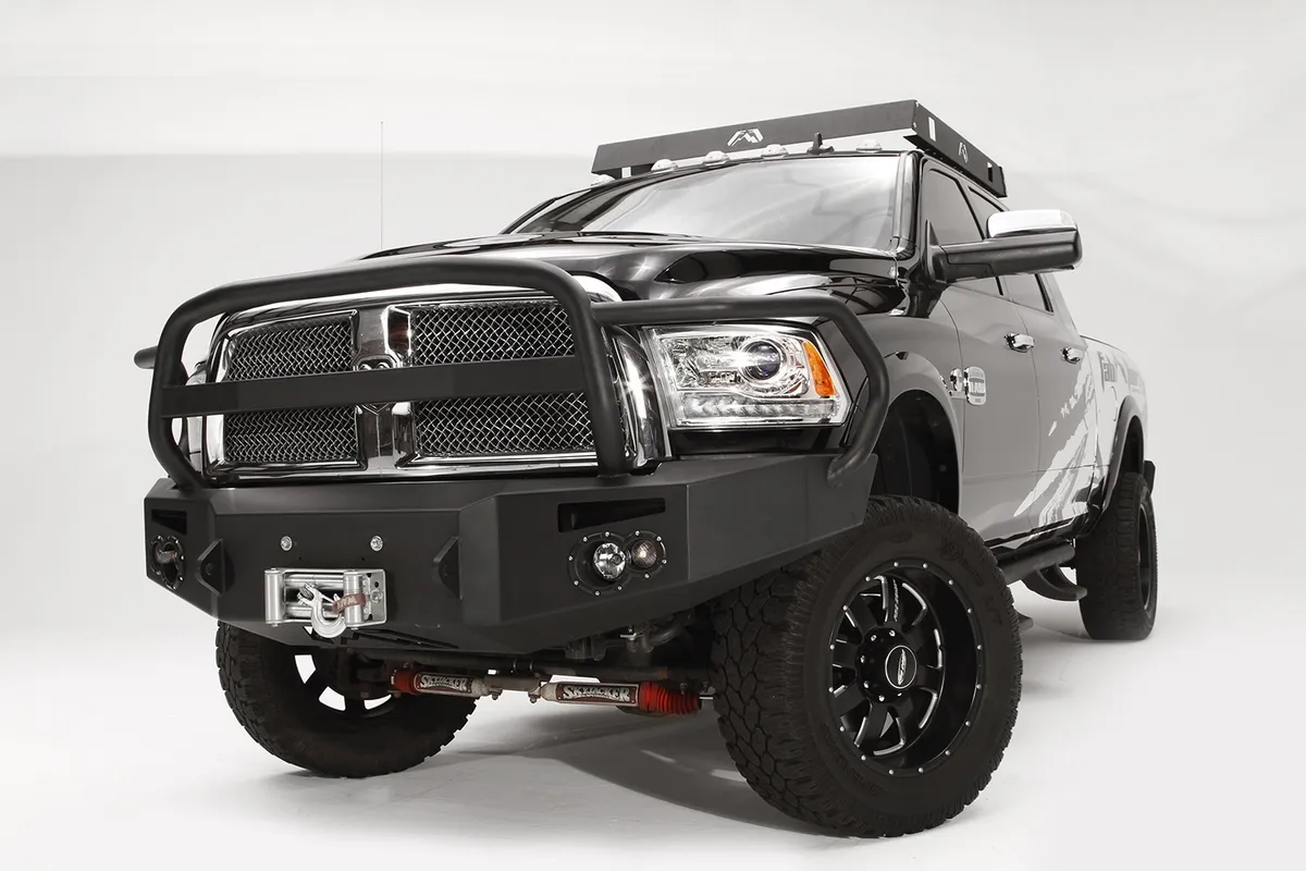 Premium Heavy Duty Winch Front Bumper; 2 Stage Black Powder Coated; w/Full Grill Guard; Incl. Winch Mt./1in. D-Ring Mt./Light Cut-Outs w/Fab Four 90mm Fog Lamps/60mm Turn Signals; product image