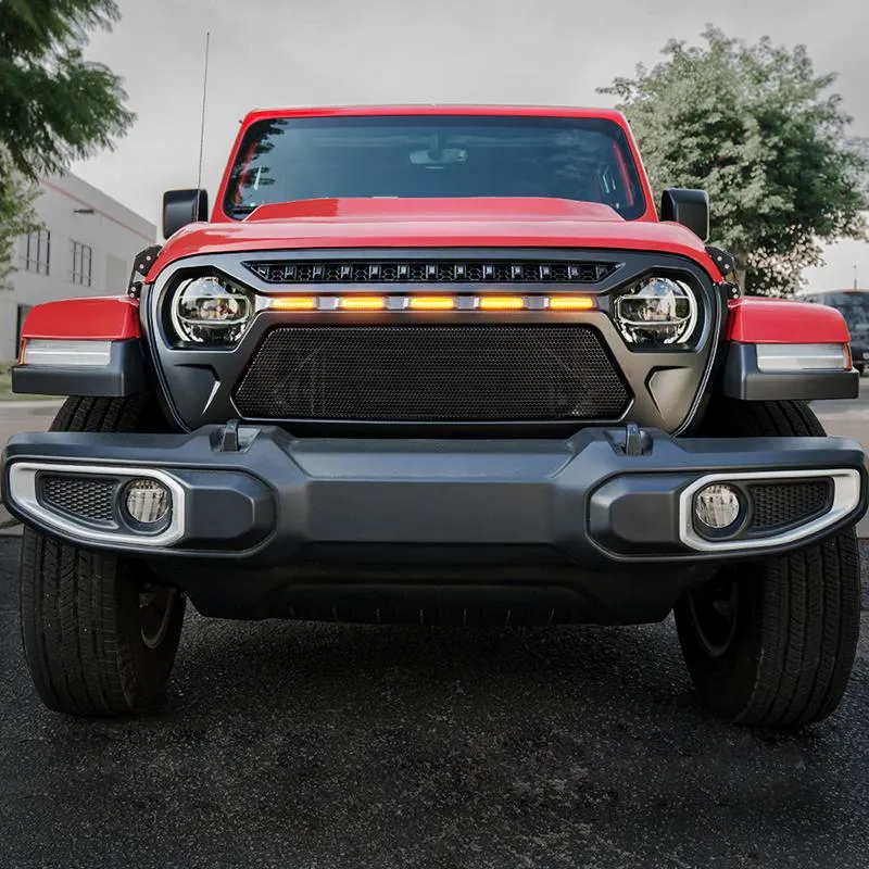 USA Only Black Gladiator Mesh Grille With Amber LED Running Lights For 2018-Later Jeep Wrangler JL And Gladiator JT product image