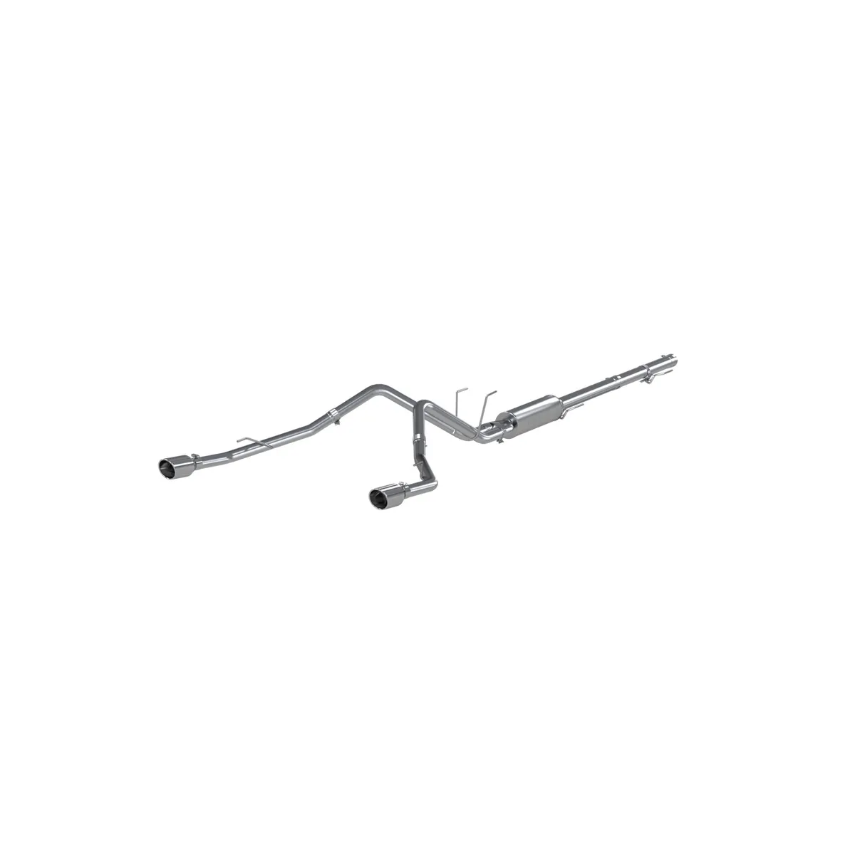 Armor Plus Cat Back Exhaust System; 2.5 in.; Incl. Front Pipe/Ext. Pipe/Muffler/Over Axle Pipe/Tailpipe/Hrdw./4.5 in. OD Tip; Dual Split Rear Exit Thru Bumper; 409 StainlessSteel; product image