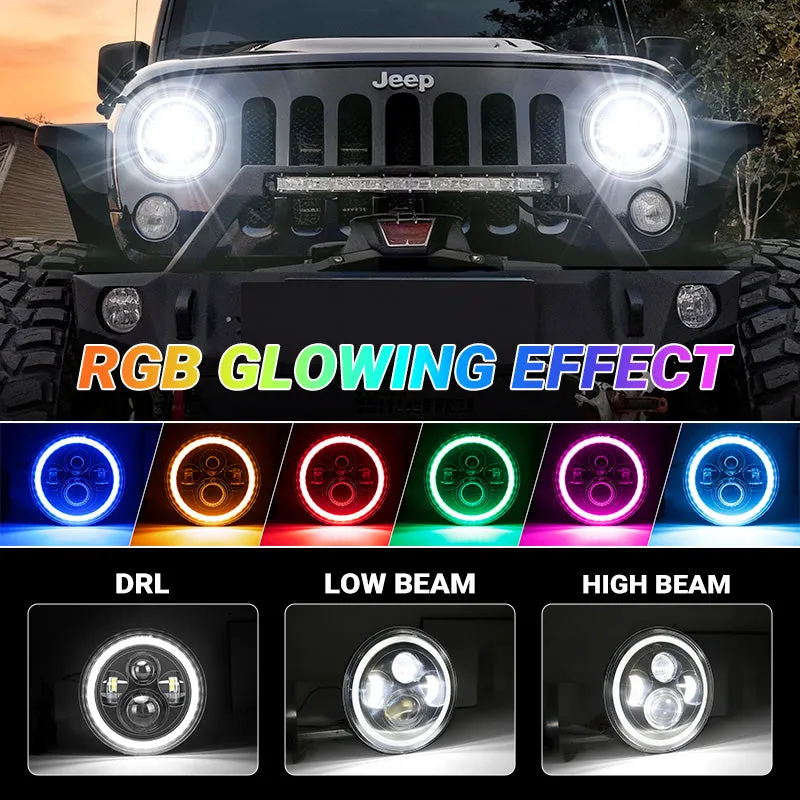 "7"" Jeep Wrangler LED Headlights with RGB Halo App Or Remote Control for 1997-2018" product image