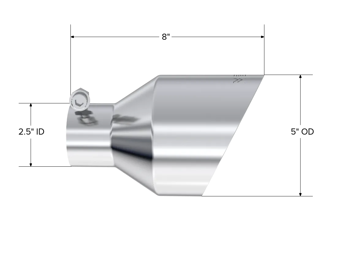 Armor Pro Exhaust Tip; 2.5 in. Inlet Diameter; 5 in. Outlet Diameter; 8 in. Length; Dual Wall; Angle Cut; T304 Stainless Steel; Sold In Pairs; product image