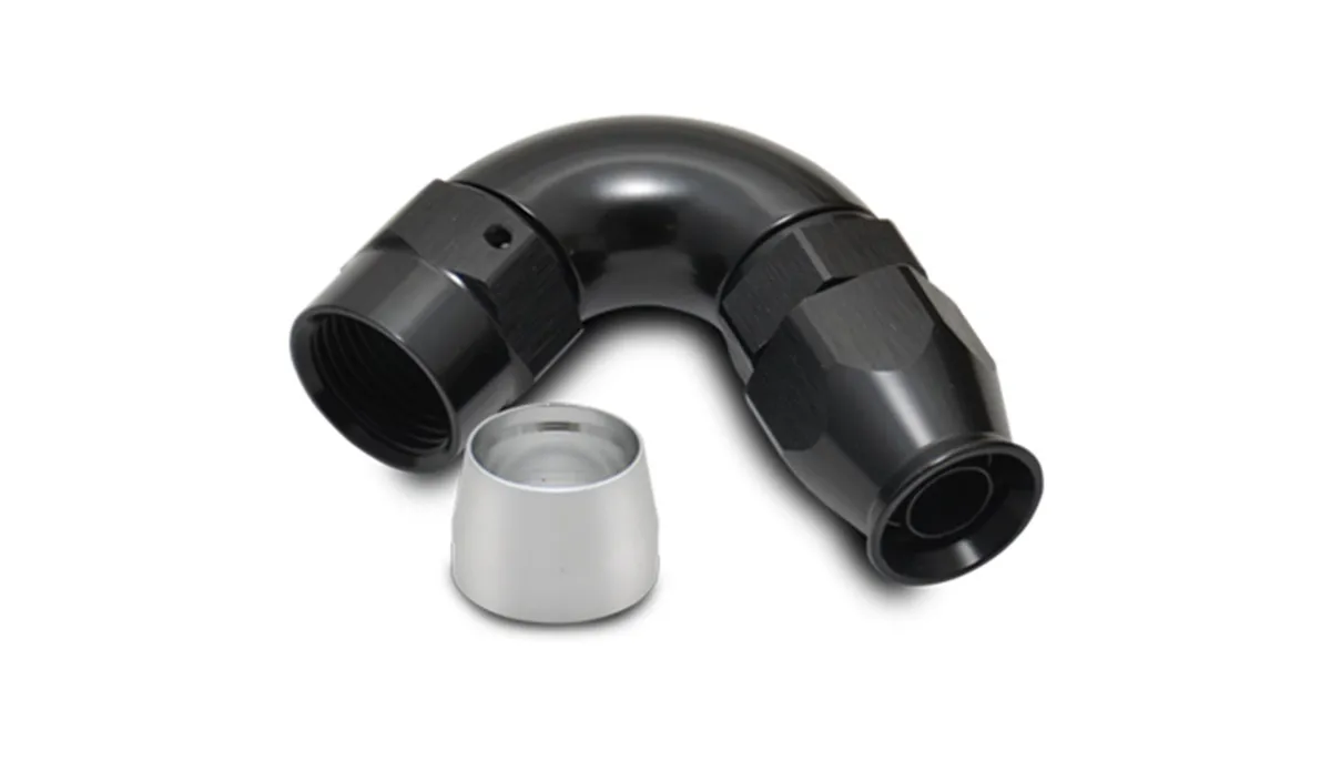 120 Degree High Flow Hose End Fitting; -10AN; 6061 Aluminum; Black Anodized; For PTFE Lined Hose; product image