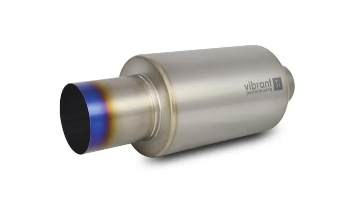 Muffler; 3.5 in. Inlet ID; 4 in. Tip OD; 6.25 in. Body OD; 17 Overall L; 10 in. Muffler Body L; Blue Titanium Finish; 4.23 LBS Weight; w/Straight Cut; product image