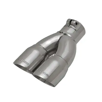 Flowmaster Exhaust Tip, Logo Embossed, Polished Stainless, Double Wall, Dual Angle Cut, Round 3.00" Tip dia. x 2.50" Pipe dia. x 10.00" Length, Clamp On, Left, ea