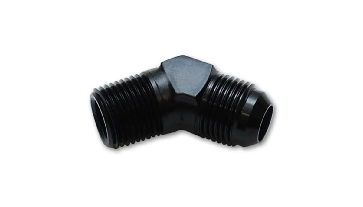 45 Degree AN to NPT Adapter Fitting; -8AN x 0.75 in. NPT; 6061 Aluminum; Black Anodized; product image