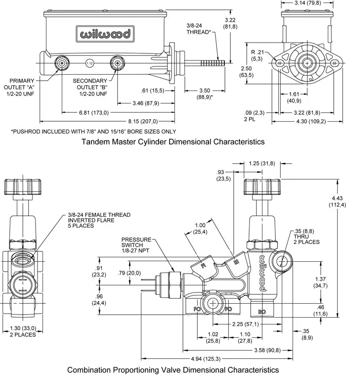Wilwood Brakes hv Tandem M/C Kit w/ Bracket & Prop Valve1 1/8in Boreblack