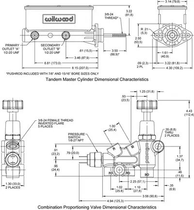 Wilwood Brakes hv Tandem M/C Kit w/ Bracket & Prop Valve1 1/8in Boreblack