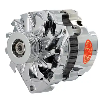 Power Master Alternator; CS130; Offset Right; Side Battery Post; 140 Amp; 95 Idle; 6 Groove Pulley; Chrome;