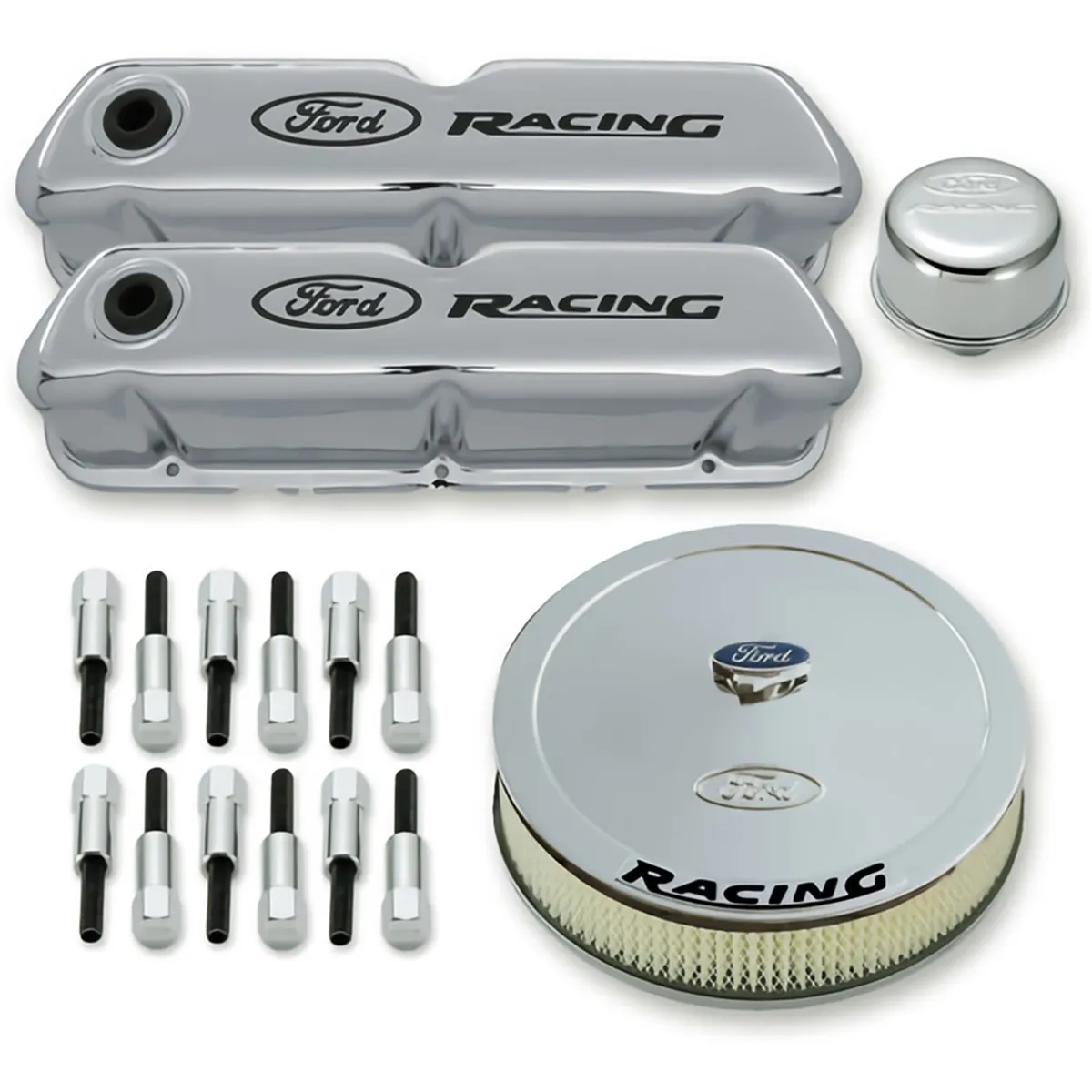 Engine Dress-Up Kit Chrome w/Black Ford Racing Logo Fits SB Ford Engines Stock Chrome Ford Racing product image