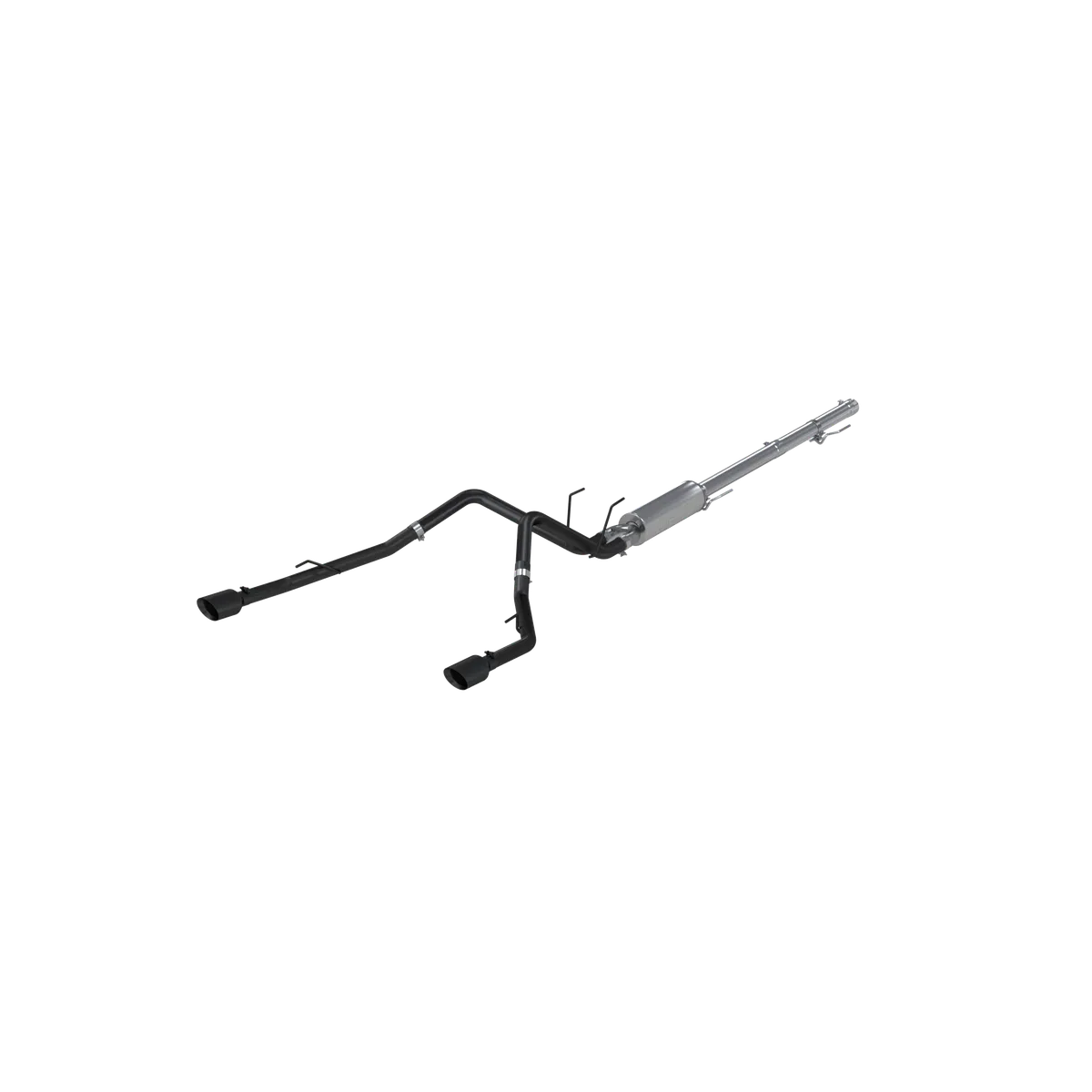 Armor BLK Cat Back Exhaust System; 2.5 in.; Incl. Front Pipe/Ext. Pipe/Muffler/Over Axle Pipes/Tailpipe/Hardware/4.5 in. OD Tips; Dual Split Rear Exit Thru Bumper; Black Coated; product image