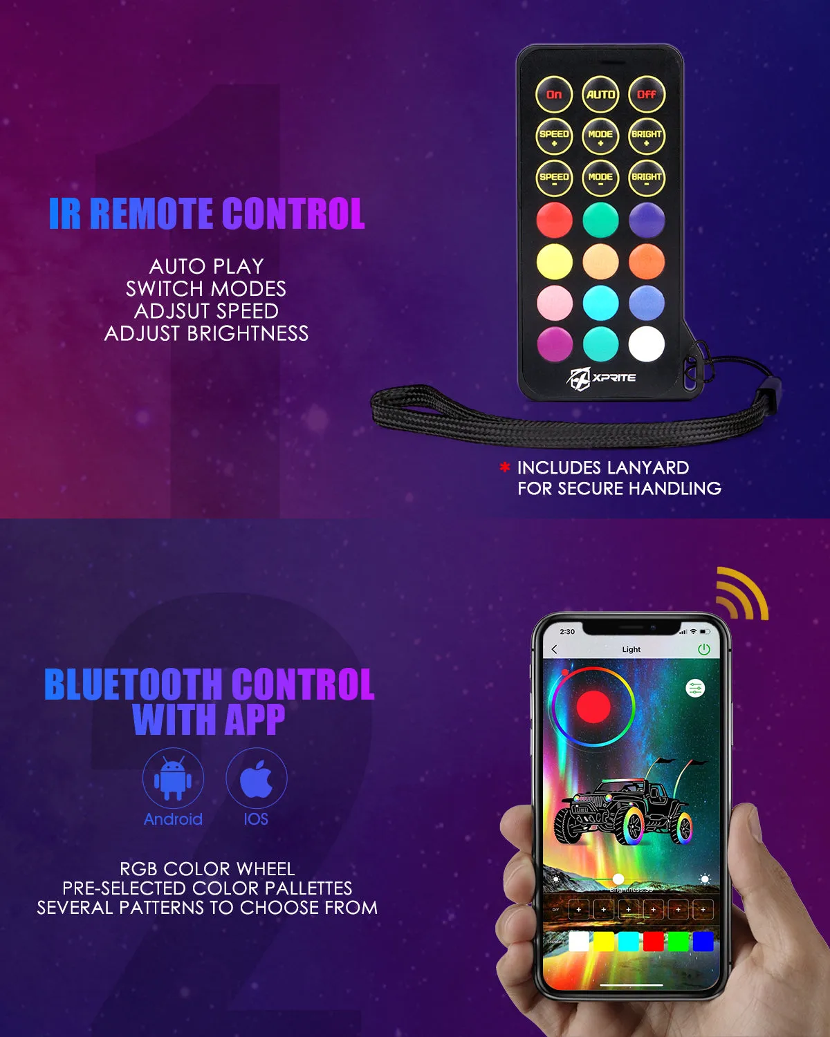 Xprite Spiral RGB LED Flag Pole Whip Light with Remote Control & Bluetooth | Vertigo Series