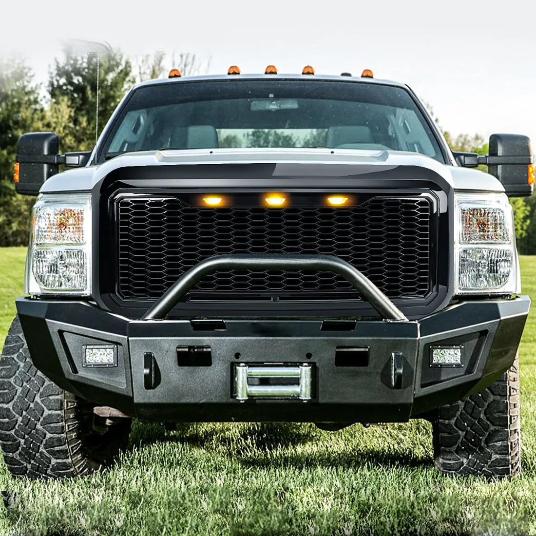 Raptor Style Mesh Grille W/ Amber Lights - Glossy Black For 2011-2016 Ford F250/ 350/ 450/ 550 Super Duty | In Stock On Apr 30 product image