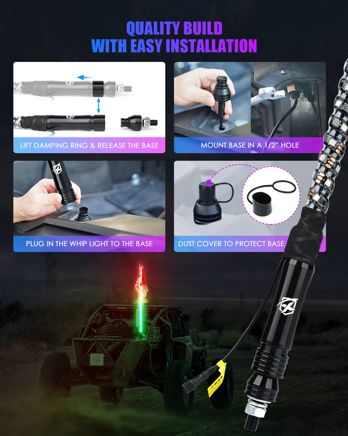 Spiral RGB LED Flag Pole Whip Light with Remote Control & Bluetooth | Vertigo Series product image