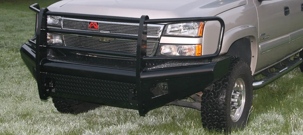 Black Steel Front Ranch Bumper; 2 Stage Black Powder Coated; w/Full Grill Guard; Incl. Light Cut-Outs; product image