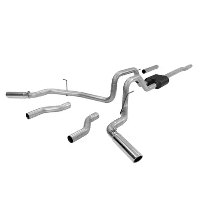 Flowmaster 04-08 Ford F-150/Lincoln Mark LT 4.6L/5.4L All WB 2/4 Wheel Drive 2.50in Outlets Super 40 Series Muffler 3.00in Logo Embossed Stainless Tips American Thunder Incl. Tube Extensions For DOR And DOS In Kit Mandrel Bent Tubing 16 Gauge 409S Stainless