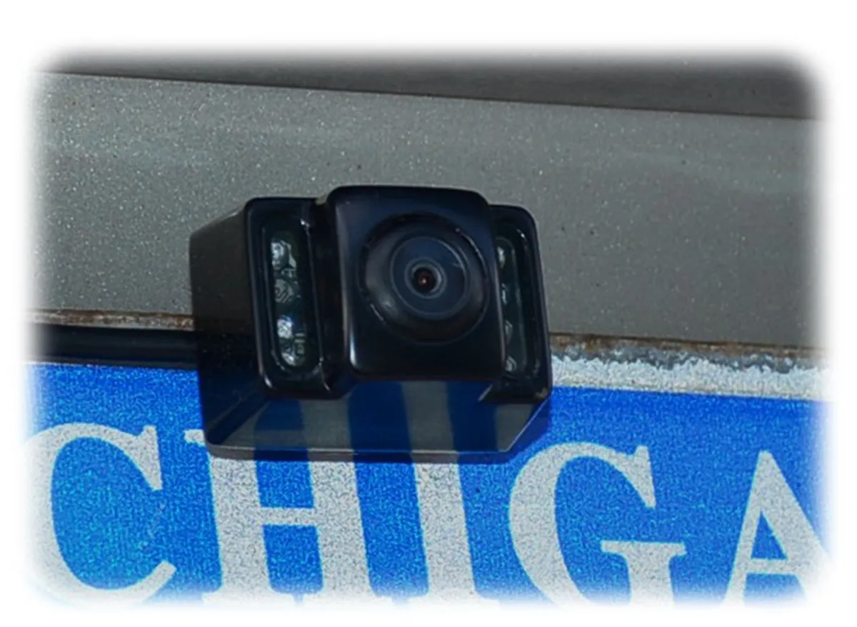 Universal Dual Mount CMOS Camera w/Infrared Light; Metal License Plate and Camera Mount; 22ft. Chassis Harness To RCA Included; Parking Gridlines and Image Mirroring Available; product image
