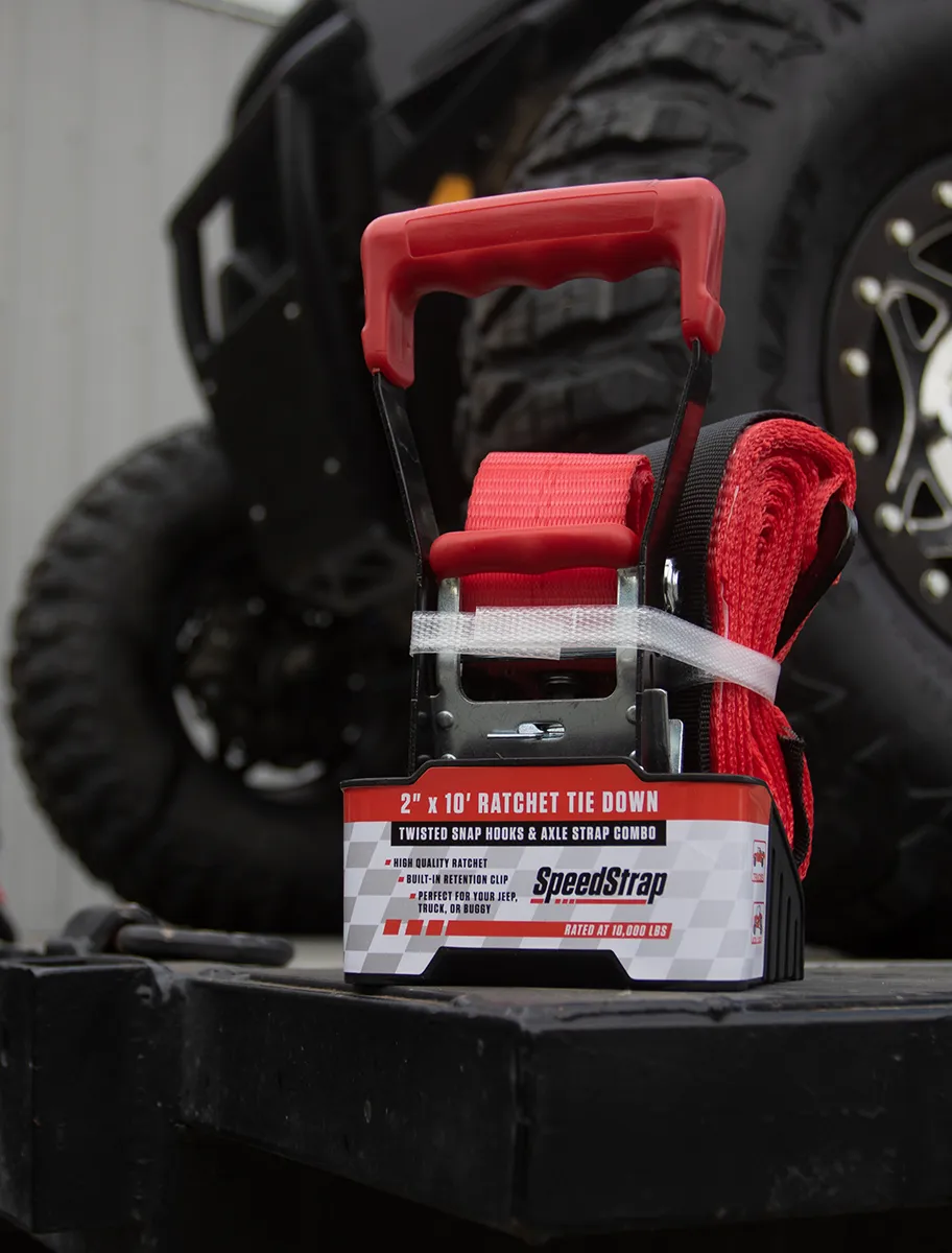 2 Inch x 10' Ratchet Tie Down w/ Twisted Snap Hooks and Axle Strap Combo Red SpeedStrap product image