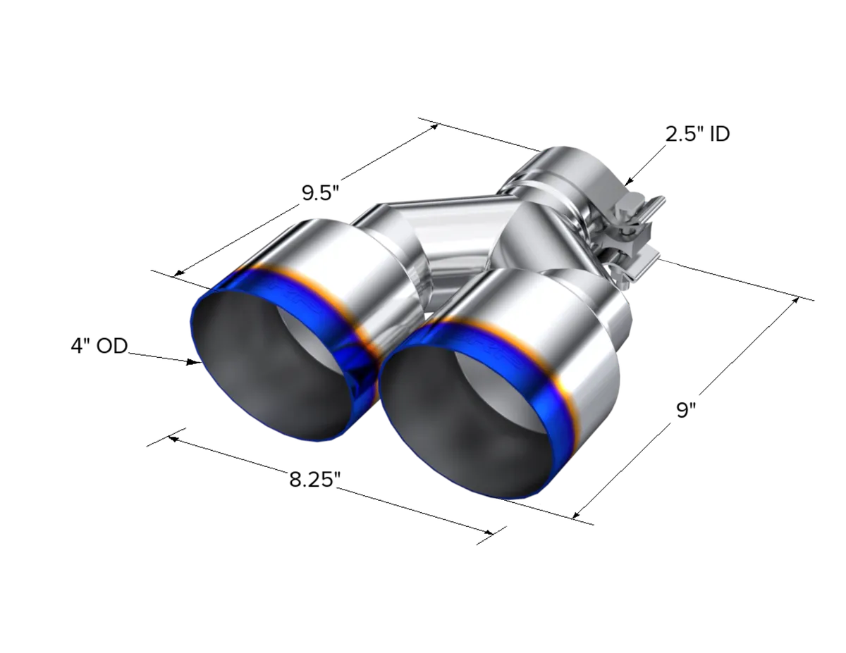Armor Pro Burnt End Tip; T304 Stainless Steel; 2.5 in. Inlet; Dual 4 in. OD. Out; Single Wall; 9.55 in. Length; product image