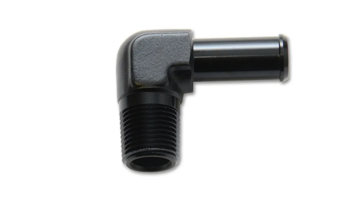 90 Degree NPT To Hose Barb Adapter Fitting; 0.5 in. NPT; 0.625 in. Hose; 6061 Aluminum; Black Anodized; Male; product image