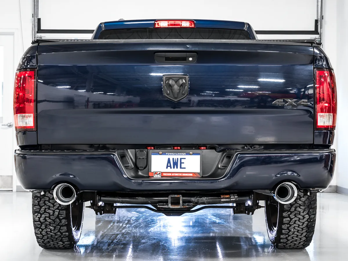 AWE 0FG Dual Rear Exit Catback Exhaust for 4th Gen RAM 1500 5.7L with bumper cutouts - Chrome Silver Tips product image