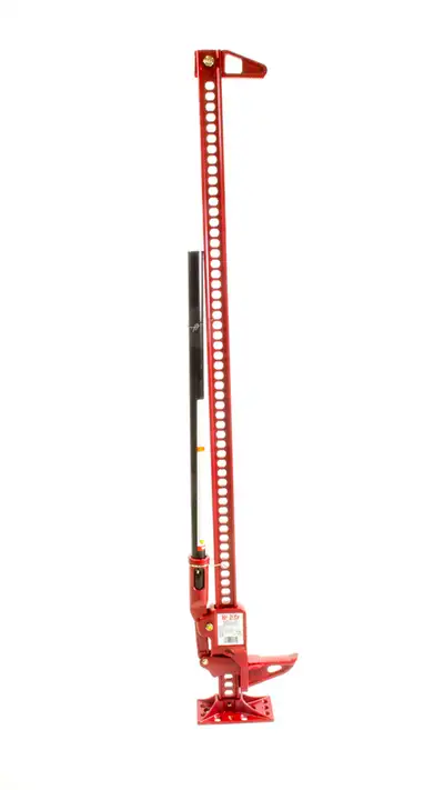 Hi-lift Jack 60 All Cast Model. 7000 lb. Capacity 4660 Rated Capacity. Red Jack with a Black Handle.