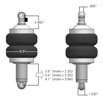 Ridetech Front HQ Shockwaves 1000 Series W/ 3.6 Inch Stroke, 1.7 Inch Eye Pair Of Rebound Adjustable Shock waves 6.5 Inch Double Convoluted W/ 1/4 Inch Fittings, Bearing Spacers 1/2 Inch And 5/8 Inch 10 Inch X 13 Inch W/ A 11.5 -11.75 Inch Ride Height Ridetech