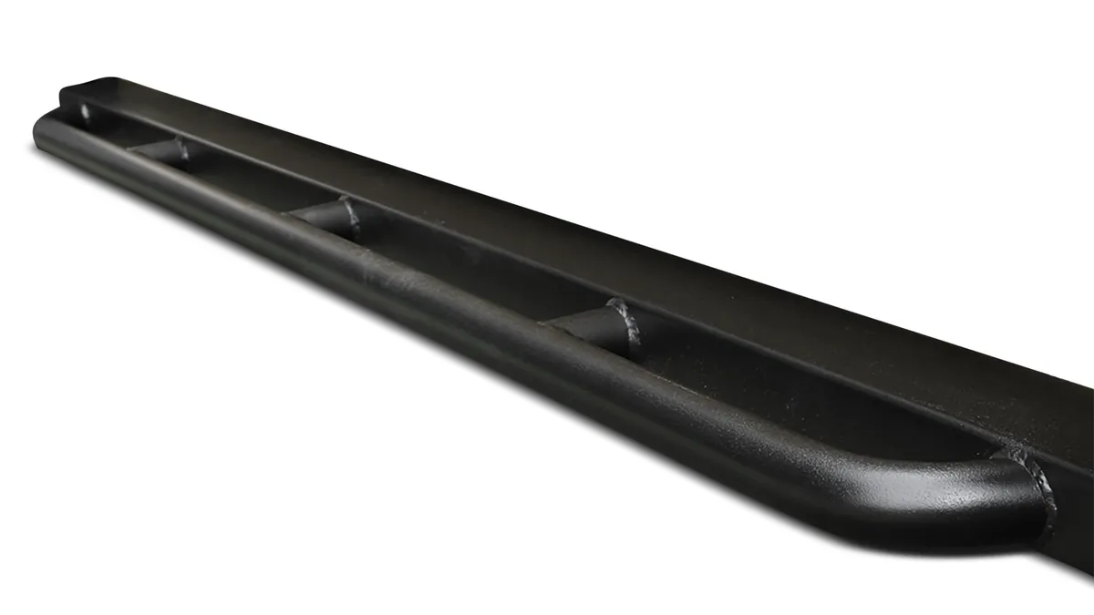 Rockcrawler Side Guards; 2in.X3in. Rectangle Tube w/Tapered/Enclosed/Welded Ends And Additional 1.5in.X0.140in. Wall Kick Out Tube; Textured Black Powder Coated; product image