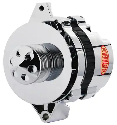 Power Master Alternator; CS130; Straight Mounting; 105 Amp; 85 Idle; 6 Groove Pulley; Baffle And Cone; Chrome;