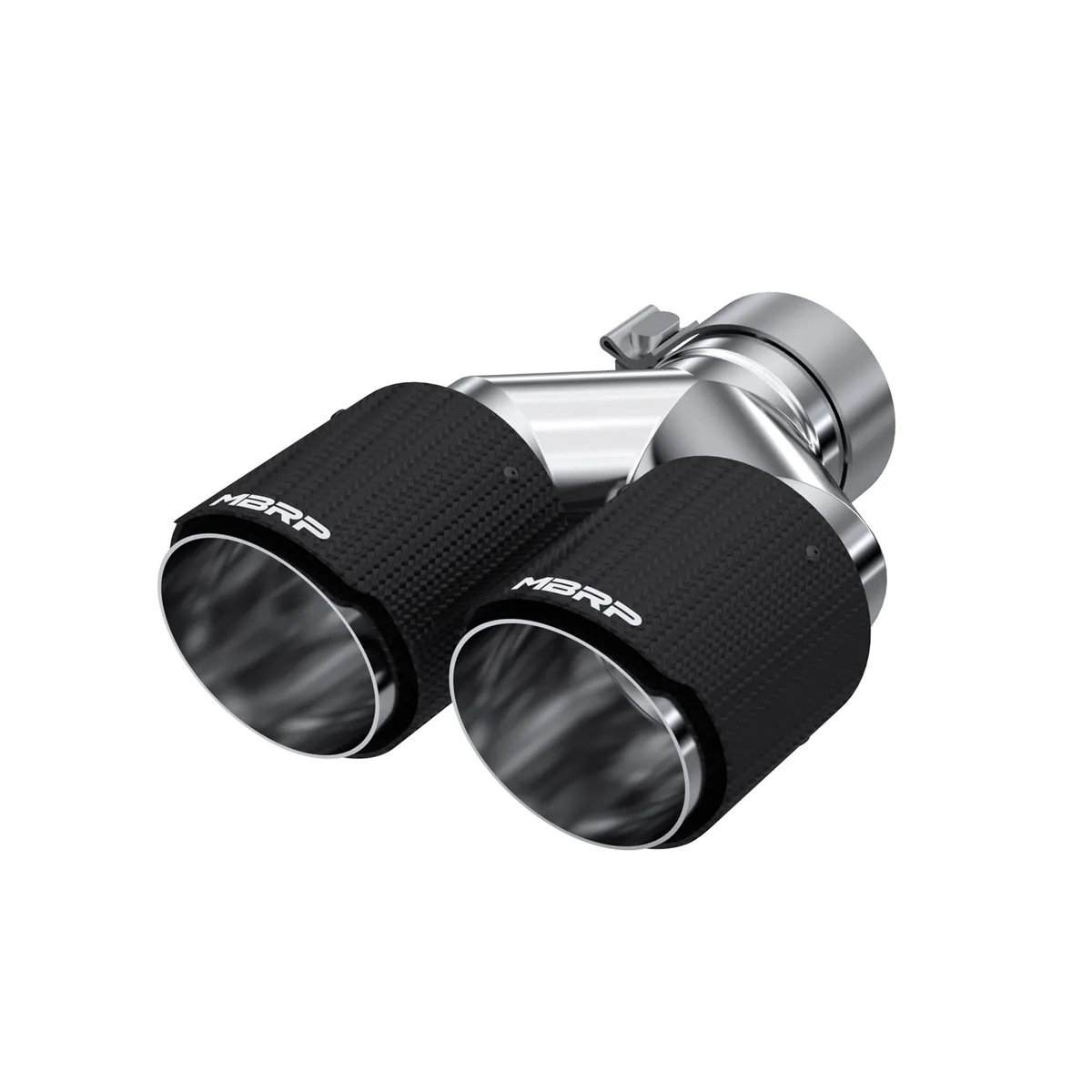 Carbon Fiber Exhaust Tip; 3 in. Inlet Diameter; 4 in. Outlet Diameter; Left Tip 9.87 in. Length; Right Tip 9.37 in. Length; Dual Out; Carbon Fiber Finish; product image