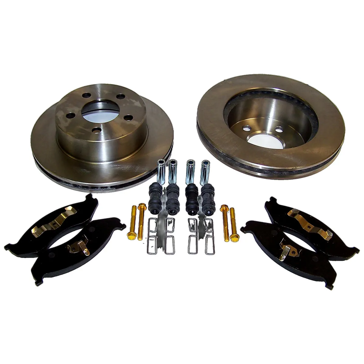1999-2001 Cherokee XJ w/ 1-piece cast rotor; Front; Kit includes: 2 Brake Rotors 1 Pad Set and all necessary hardware. 1999-2006 Wrangler TJ w/ 1-piece cast rotor; Front; Kit includes: 2 Brake Rotors 1 Pad Set and all necessary hardware. product image