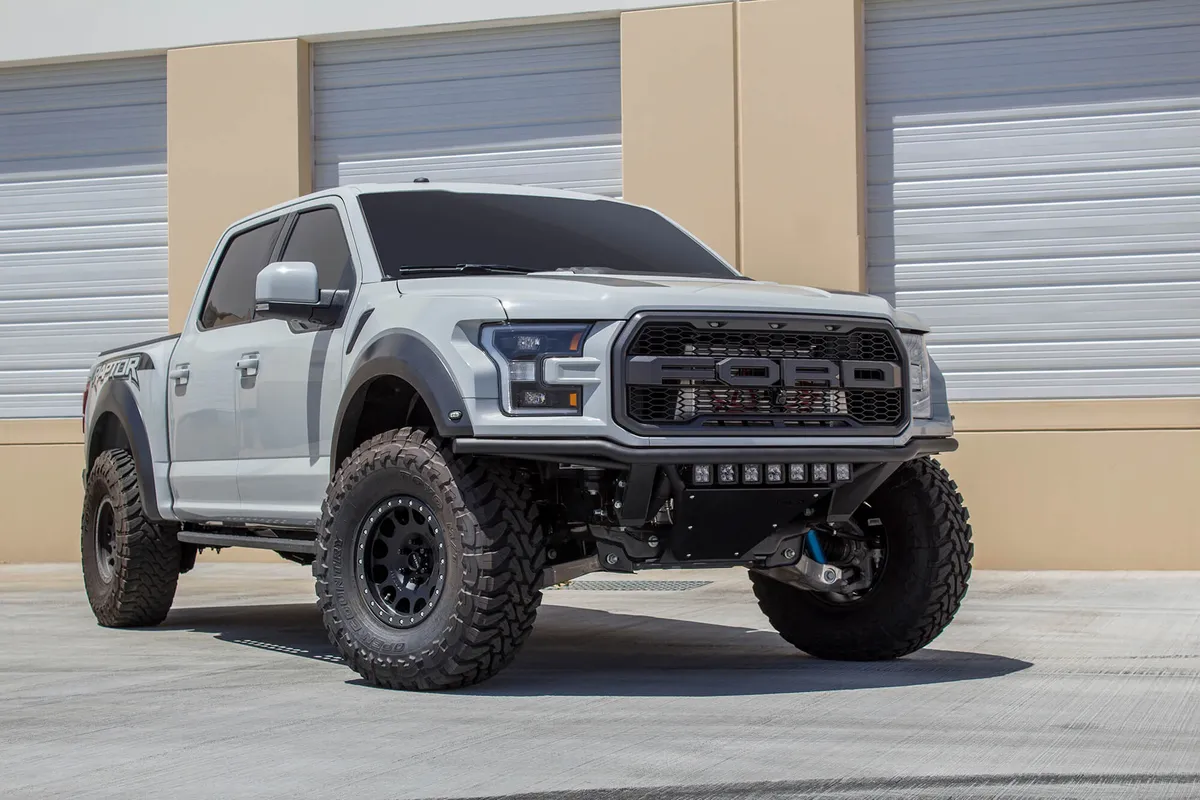 2017 Ford F-150 Rapter ADD PRO Front Bumper Bumper Color Hammer Black Panel Color Satin Black Center Mount 20 Radius Light Bar Up to 7 Cube Lights Universal Mount product image