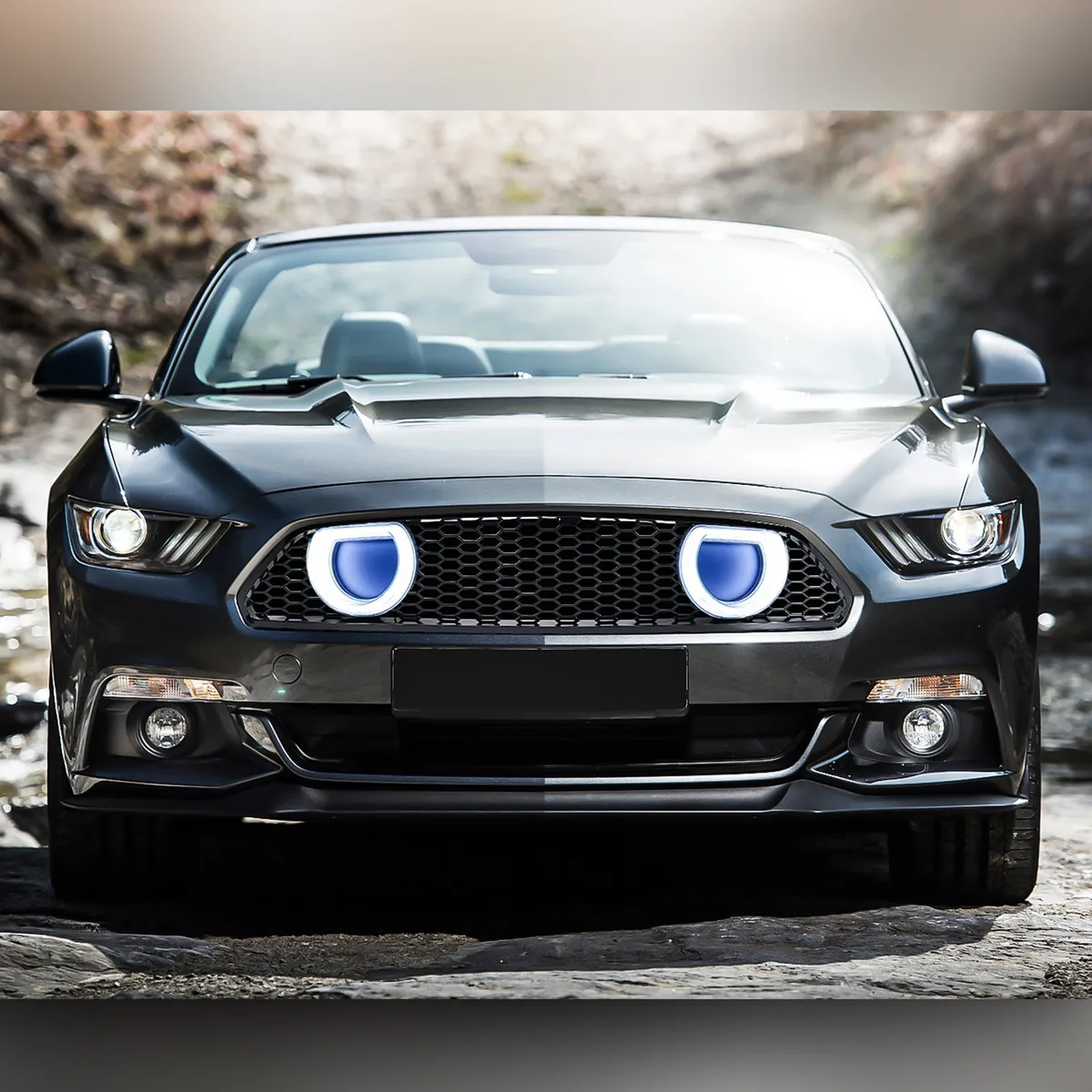 American Modified Amfmca00617 Mach 1 Style Upper Grille With LED DRL And Turn Signal - Glossy Black product image