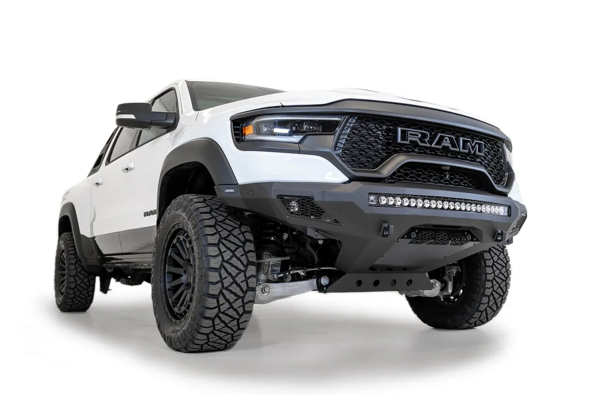 RAM 1500 Trx Stealth Fighter Front Bumper With D-Ring Clevis Mounts With 10 Single Small Square Light 40 Universal Mounts And Dually on The Side in Hammer Black With Satin Black Panels 2021 RAM 1500 Trx product image