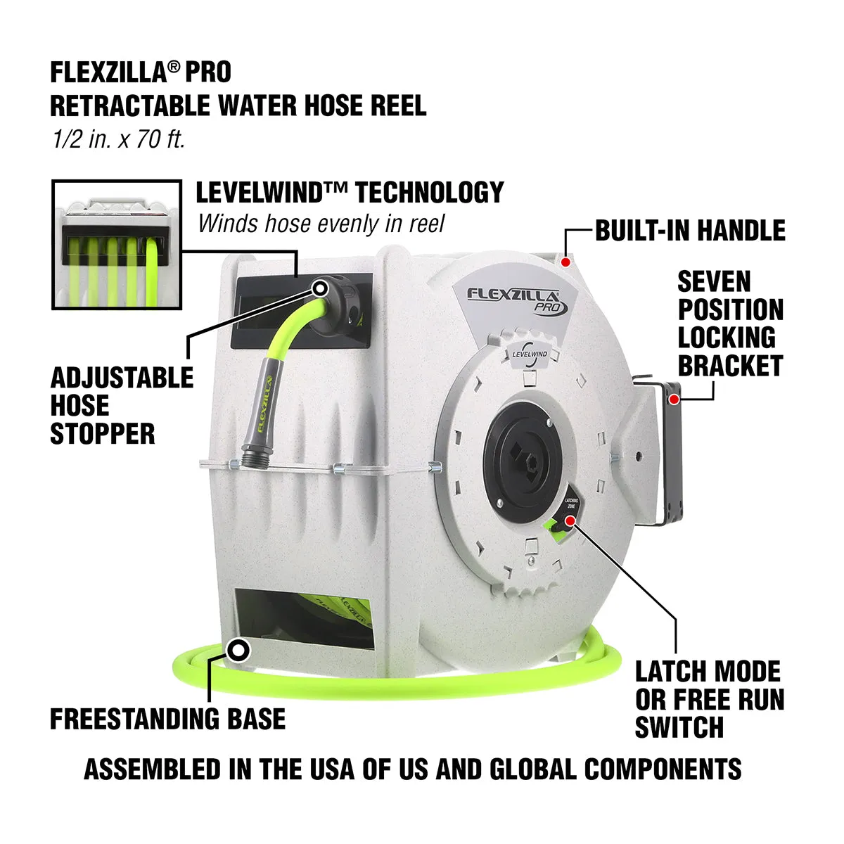 Flexzilla Fzp Pro Retractable Water Hose Reel w/ lw 1/2in x 70ft