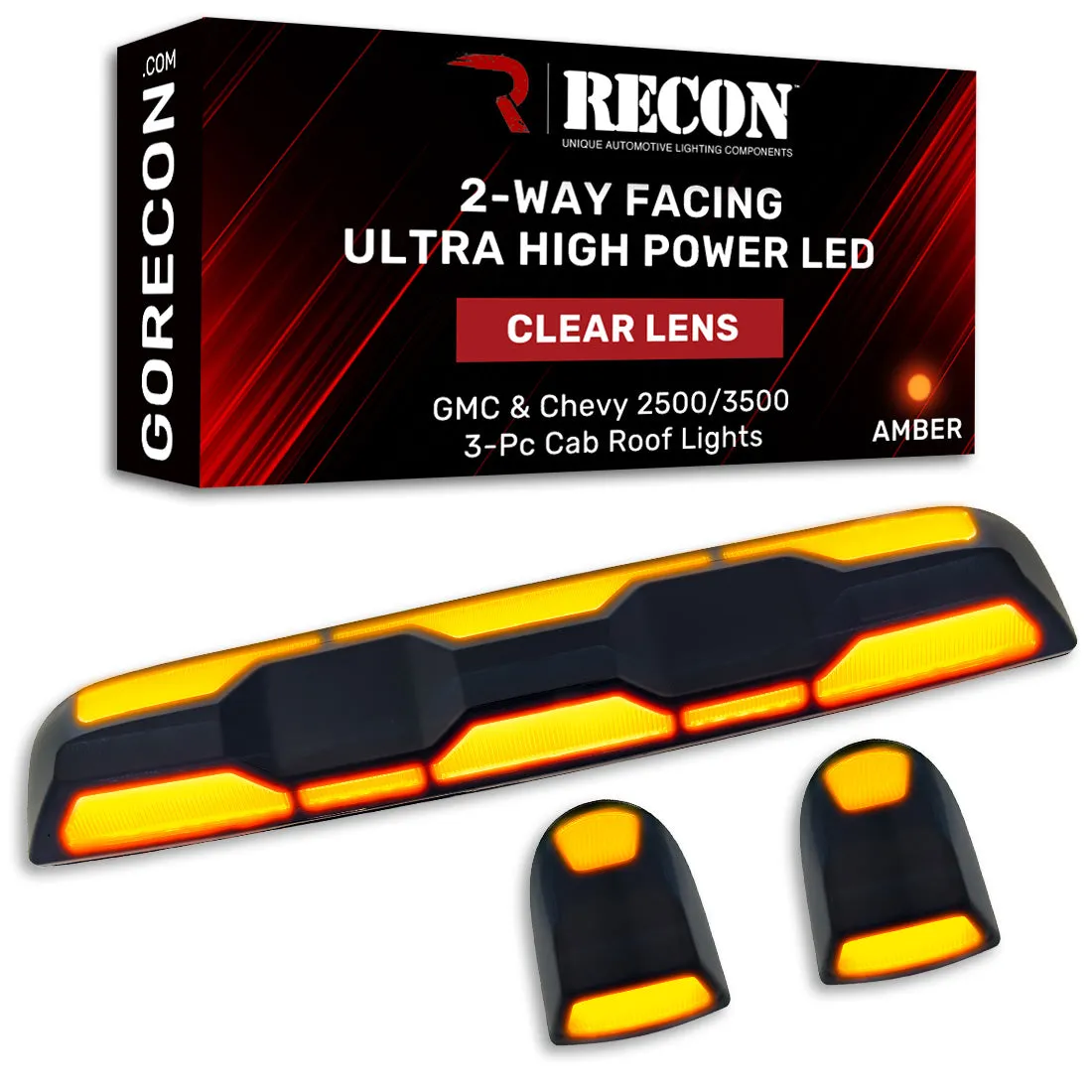 Gmc Chevy 20-23 4th Gen Body Style Heavy-Duty 3-Piece Set Amber Cab Roof Light Lens With 2-Way Forward Rear Facing Amber Ultra High-Power Leds - Includes Complete Wiring Kit For Installation on Truck That Did Not Come With OEM Installed Cab Roof product image
