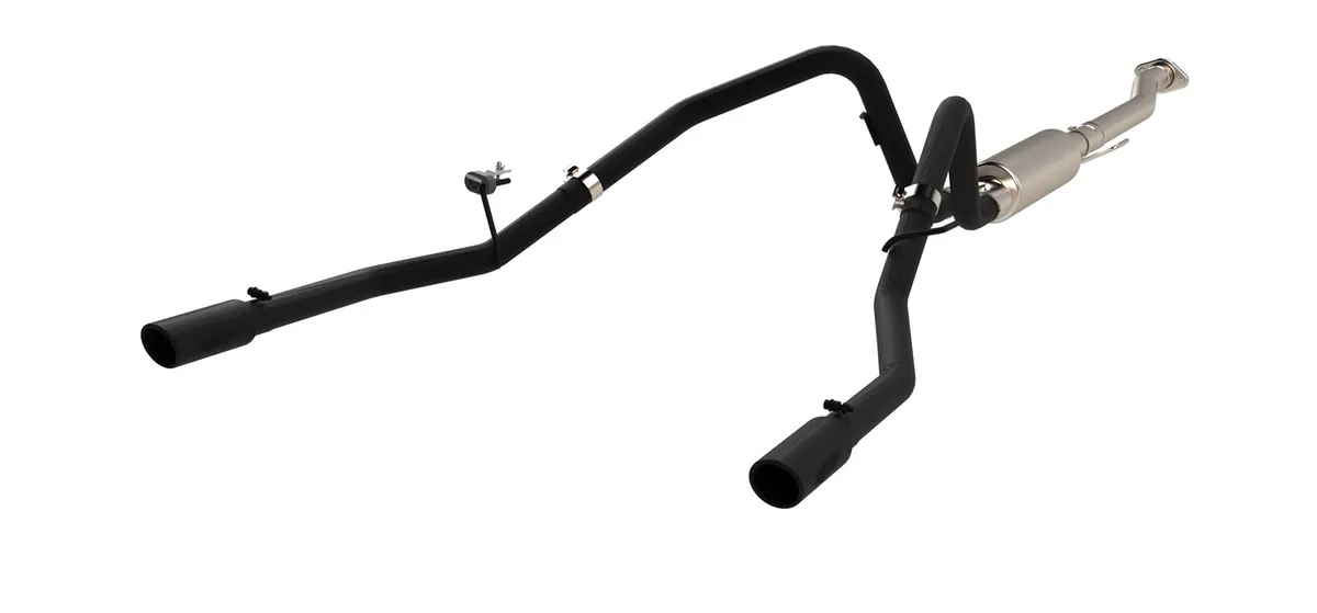 Armor BLK Cat Back Exhaust System; 2.5 in.; Incl. Front Pipe/Ext. Pipe/Muffler/Over Axle Pipes/Tailpipes/Hardware/3.5 in. OD Tips; Dual Split Rear Exit; Black Coated; product image
