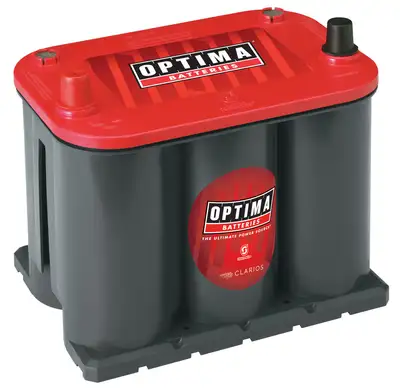 OPTIMA RedTop® Battery; UNBOXED; Group 25; Cold Crank Amps 720; Crank Amps 910; Reserve Capacity 90; Ampere Hour 44; Top Terminal; L-9 5/16 in.; W-6 3/4 in.; H-7 5/8 in.;