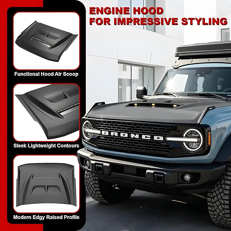 2021-2026 Ford Bronco Hood with Functional Air Scoop and LED Lights product image