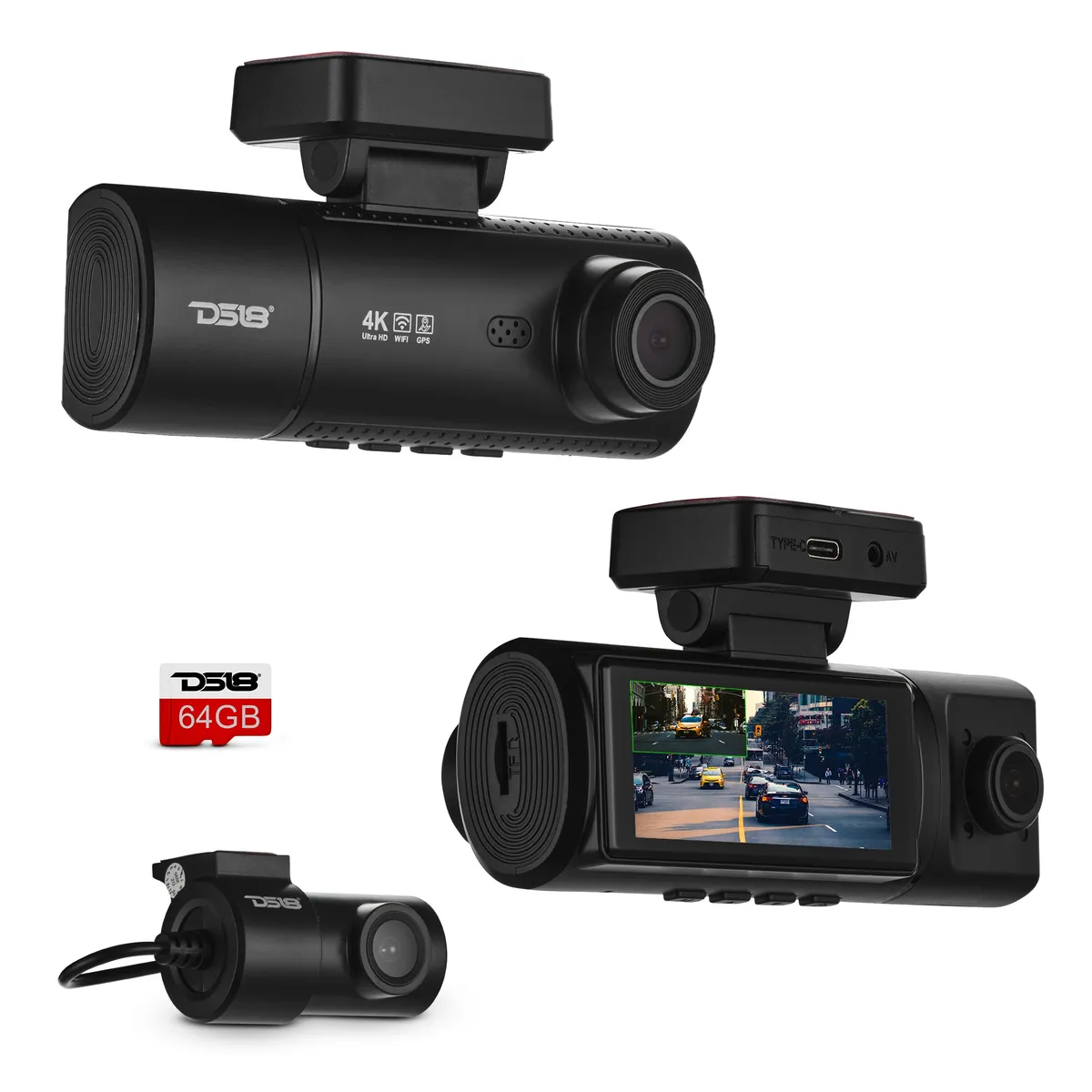 DS18 Front, In-Cabin & Rear Cameras | 4k Resolution | Parking Monitor | Video & Audio Recording | Full Color Camera | Night Vision 4k Dual Dash Camera With Front And Rear Camera, Wi-Fi, And GPS