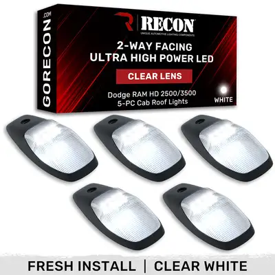 Recon Accessories Dodge 19-23 RAM Heavy-Duty 2500 3500 5-Piece Set Clear Cab Roof Light Lens With 2-Way Forward Rear Facing White Ultra High-Power Leds - Attn This Cab Light Set is For a Fresh Install on a Truck That Did Not Come With OEM Cab Roof Lights no Square
