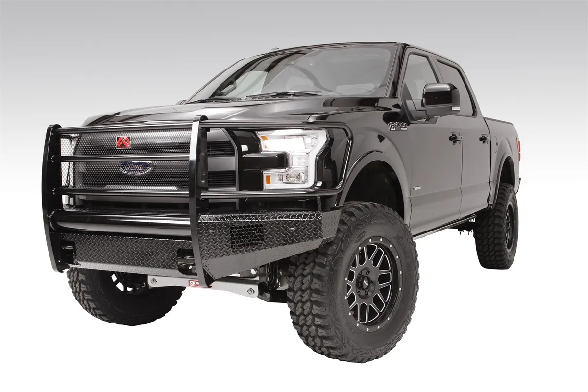 Black Steel Front Bumper; 2 Stage Black Powder Coated; w/Full Grill Guard And Tow Hooks; product image