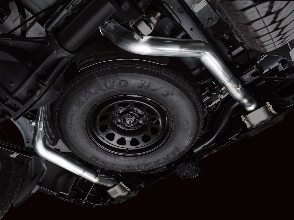 AWE 0FG Catback Split Rear Exit Exhaust for 4th Gen Silverado/Sierra 1500 5.3L (With Bumper Cutouts) - Quad Chrome Silver Tips product image