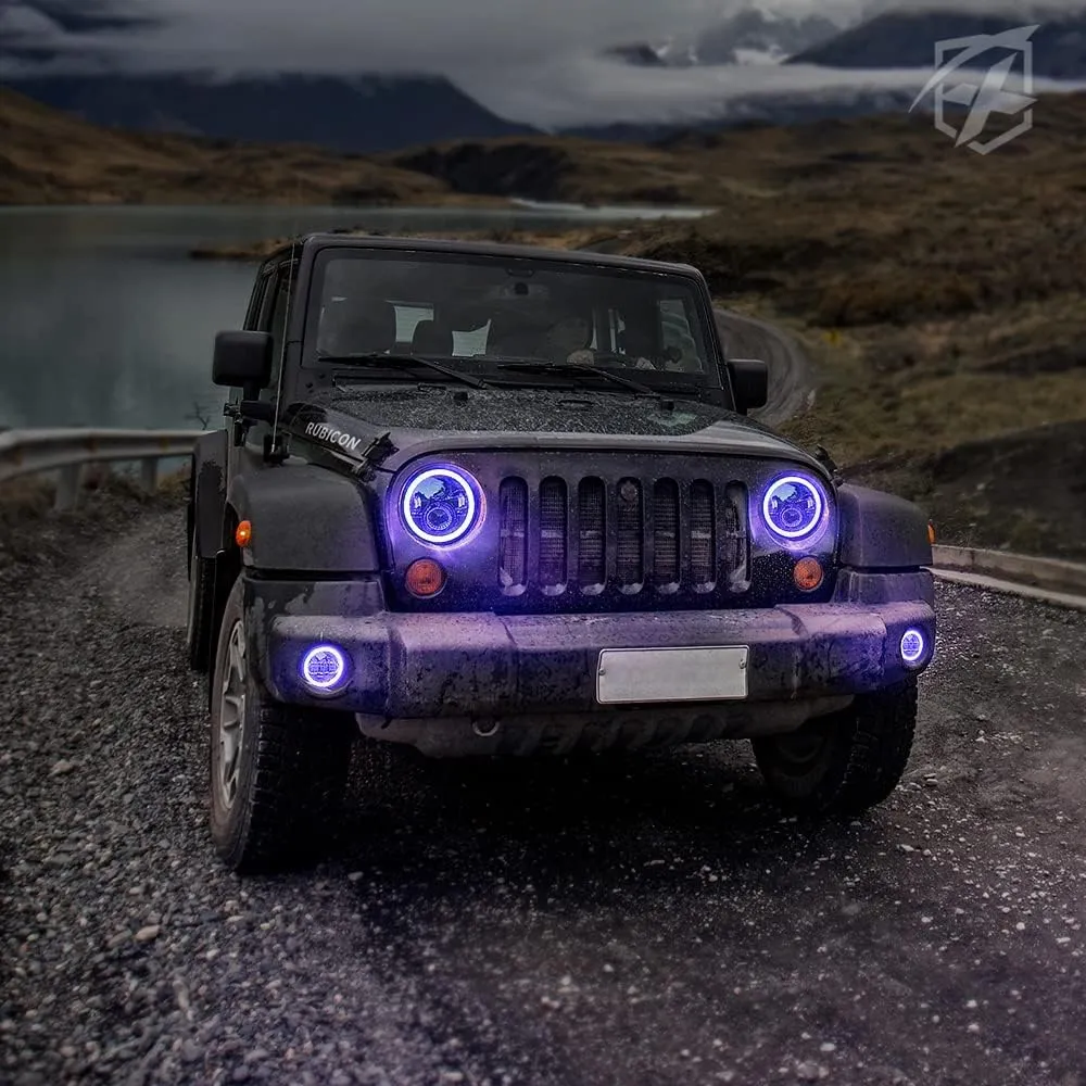 Xprite 7" Inch RGB Halo LED Headlights & 4" Fog Lights Led Combo For 2007-2018 Jeep Wrangler JK Jku product image