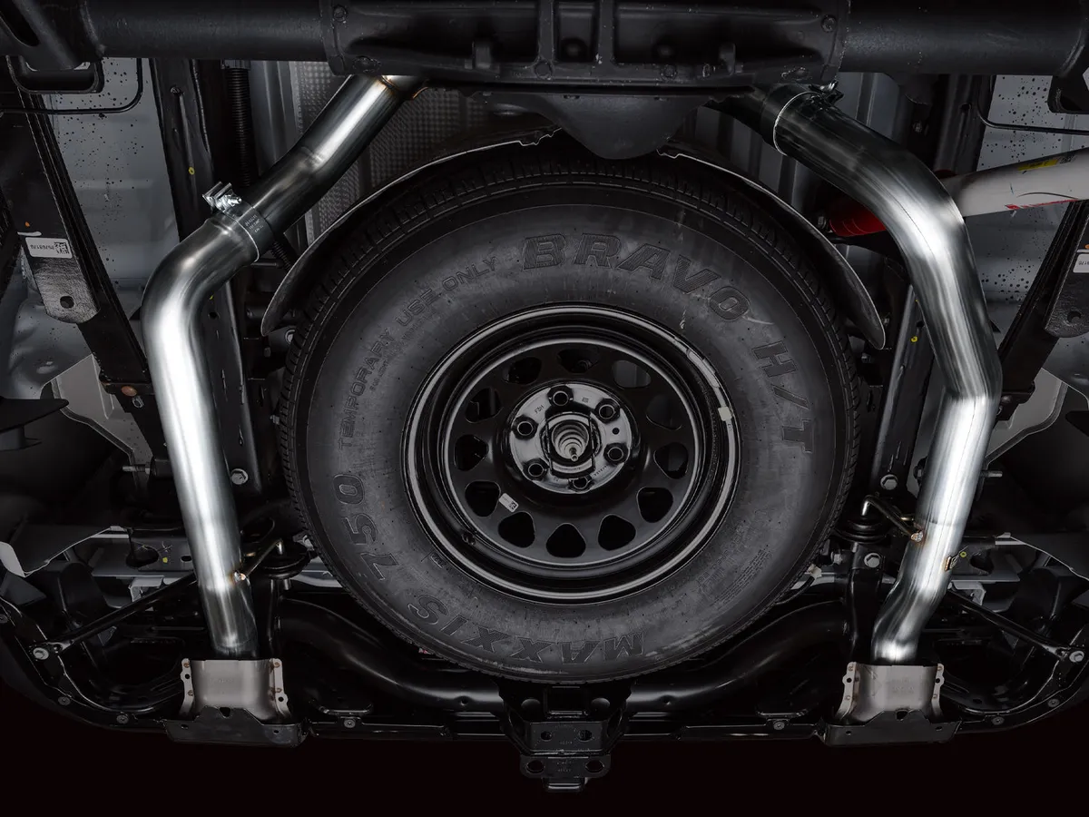 AWE 0FG Catback Split Rear Exit Exhaust for 4th Gen Silverado/Sierra 1500 6.2L (with bumper cutouts) - Quad Chrome Silver Tips product image