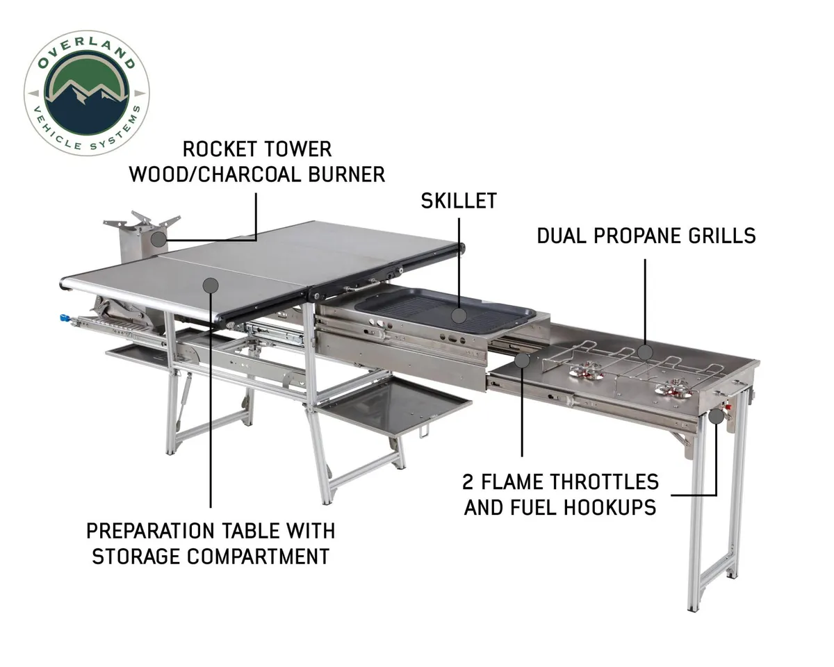 Overland Vehicle Systems Komodo Camp Kitchen Dual Grill/Skillet/Folding Shelves/Rocket Tower - Stainless Steel product image