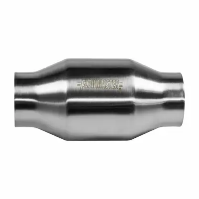 Flowmaster Catalytic Converter Universal-Fit 200 Series Metal High Flow OBDII 2.50in IN / 2.50in OUT: ea Round Body 12.75in Length 4in Dia 49-State Stainless Steel.