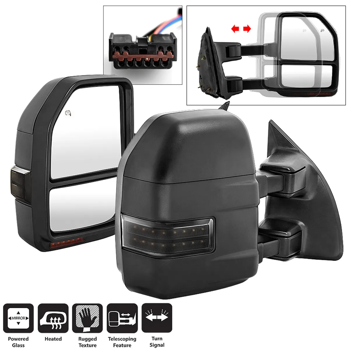 9907 Superduty g4 Power Heated Sequential LED Signal Telescoping Mirrors Smoke product image