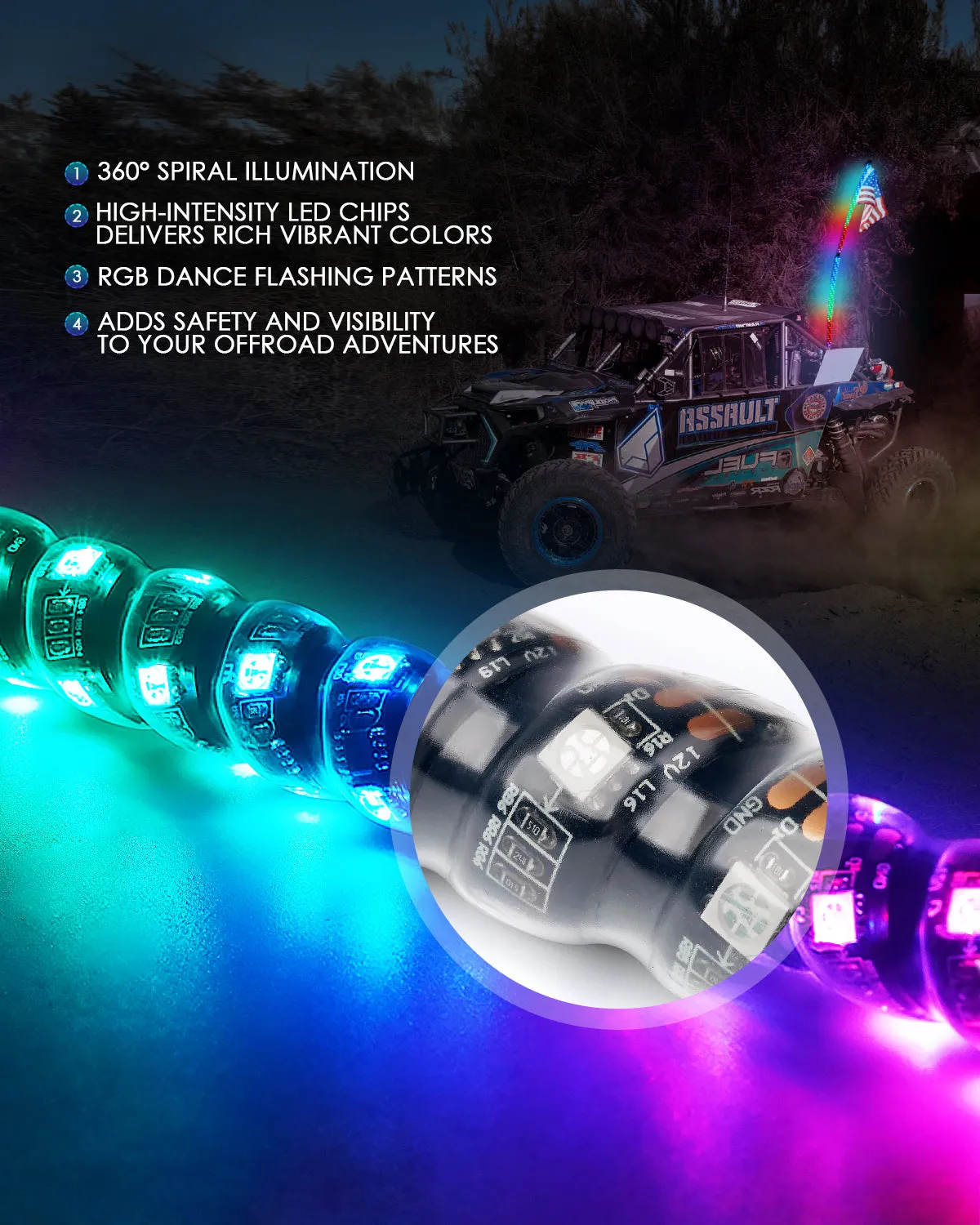Spiral RGB LED Flag Pole Whip Light with Remote Control | Monsoon Series product image