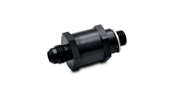 Fuel Pump Check Valve; -8AN Male Flare To M12 x 1.5; 6061 Aluminum; Black Anodized; product image