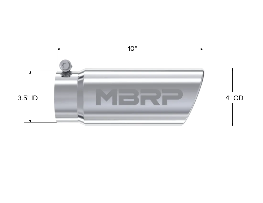 Armor Pro Exhaust Tip; 3.5 in. Inlet Diameter; 4 in. Outlet Diameter; 10 in. Length; Angled Rolled Edge; T304 Stainless Steel; Mirror Polished; product image